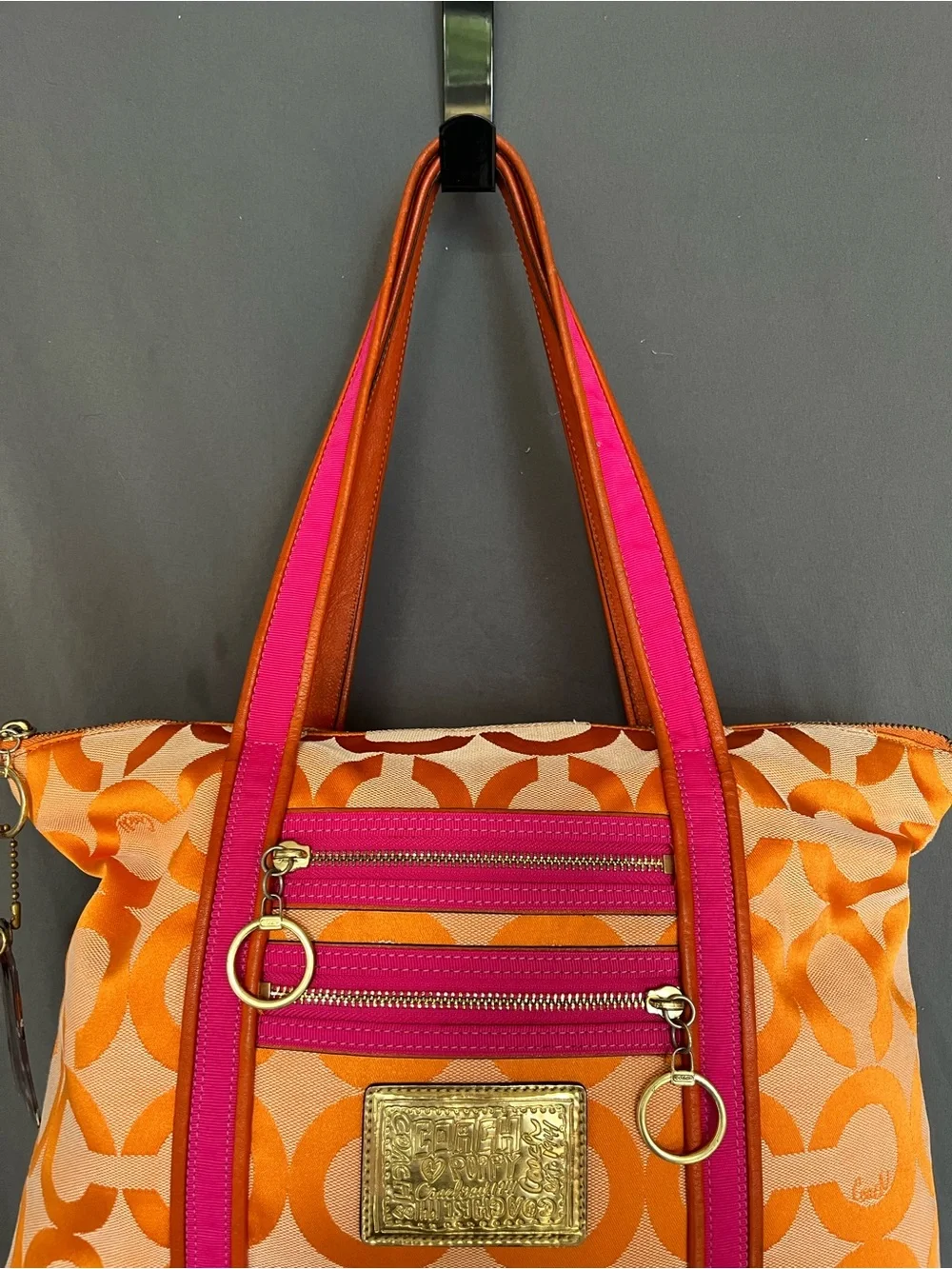 Coach Poppy Orange Pink Op Art Glam tote - Picture 4 of 12